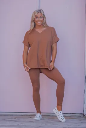 Camel V Neck Tee and Leggings Lounge Set