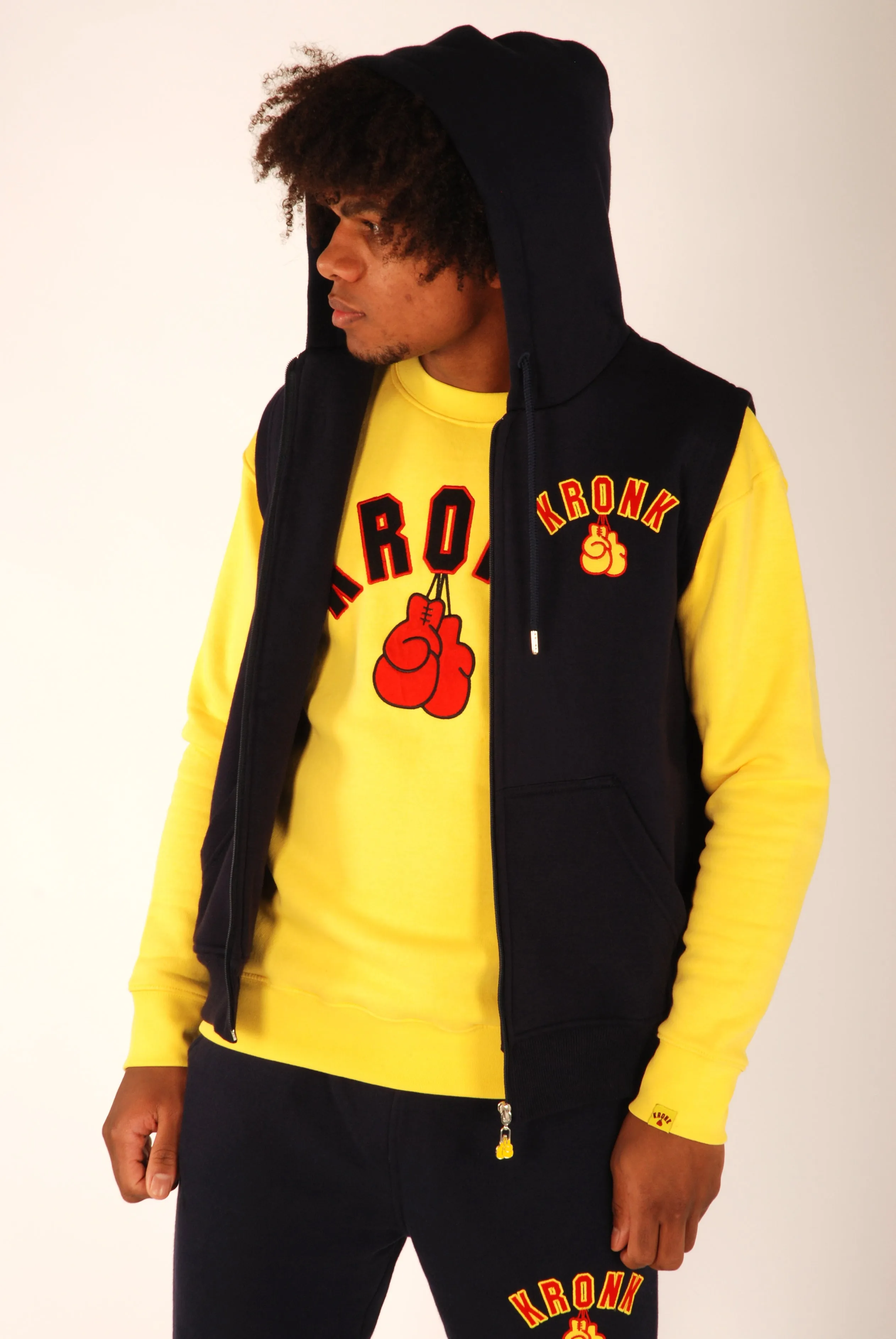 KRONK Gloves Applique Zip through Sleeveless Hoodie Navy