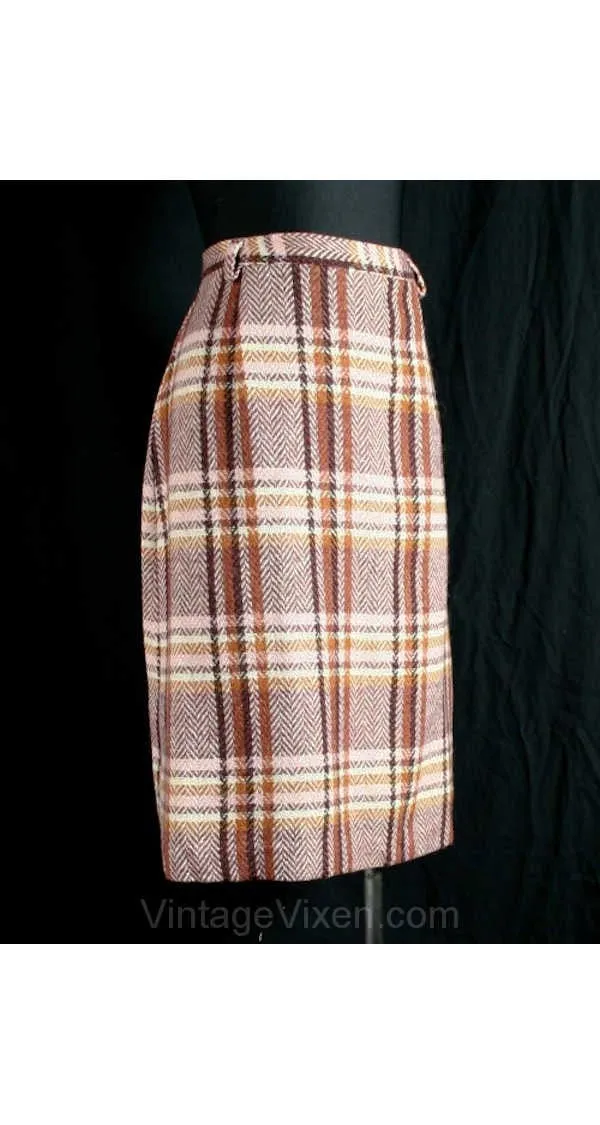 Size 4 60s Skirt - Small Cute 1960s Pink & Cinnamon Plaid Secretary Skirt - Fall Autumn Classic Wool Office Chic - Waist 25 - 39779-1