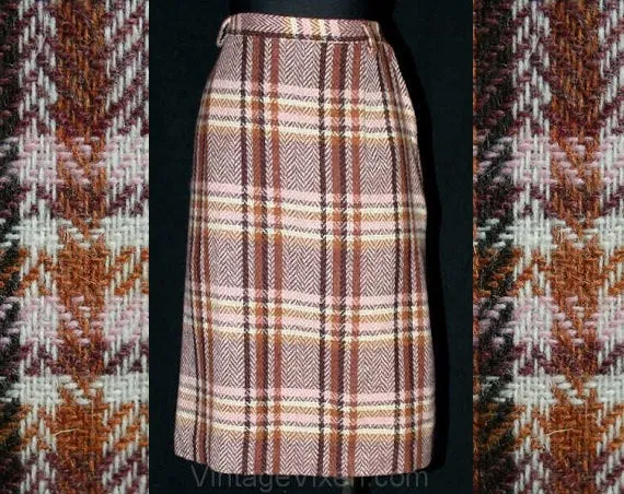 Size 4 60s Skirt - Small Cute 1960s Pink & Cinnamon Plaid Secretary Skirt - Fall Autumn Classic Wool Office Chic - Waist 25 - 39779-1