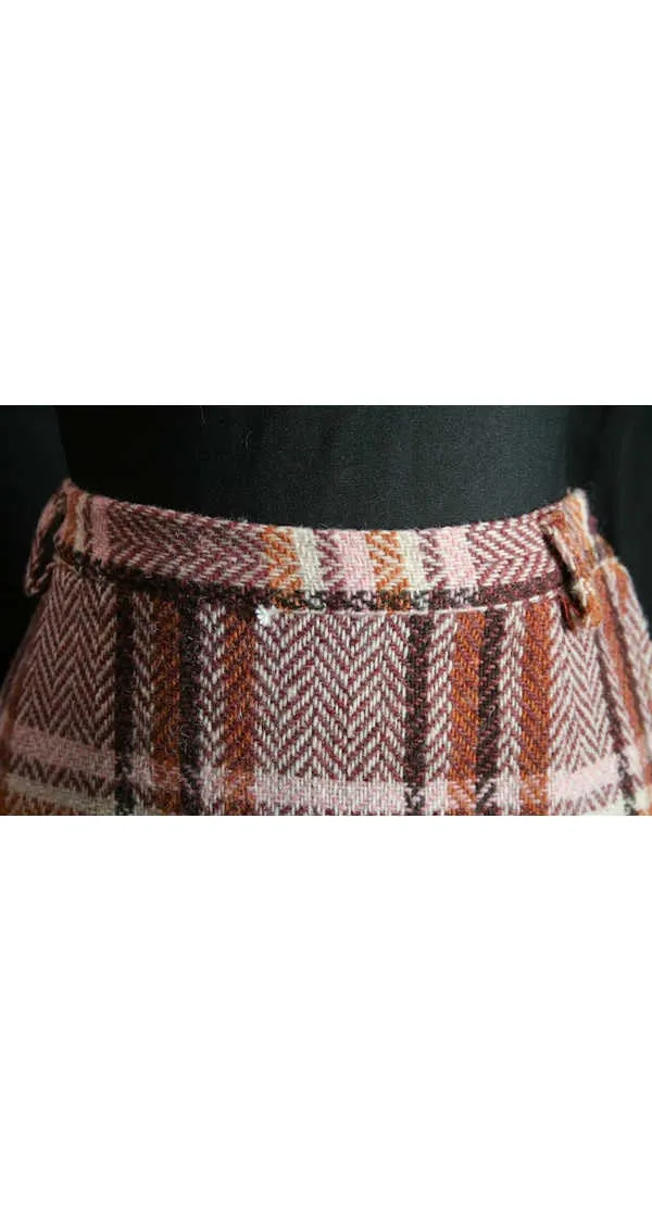 Size 4 60s Skirt - Small Cute 1960s Pink & Cinnamon Plaid Secretary Skirt - Fall Autumn Classic Wool Office Chic - Waist 25 - 39779-1