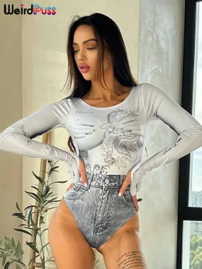 Y2K Drachenprint Body mit Rundhalsausschnitt