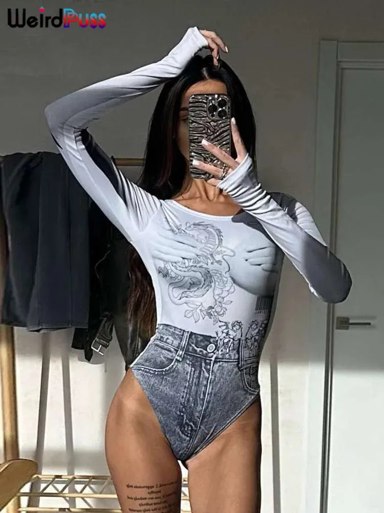 Y2K Drachenprint Body mit Rundhalsausschnitt